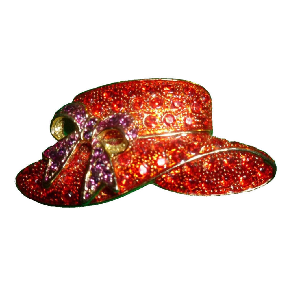 Vintage‎ Gold Tone Red  Purple Red Hat Society Fashion Brooch Scarf Lapel Pin